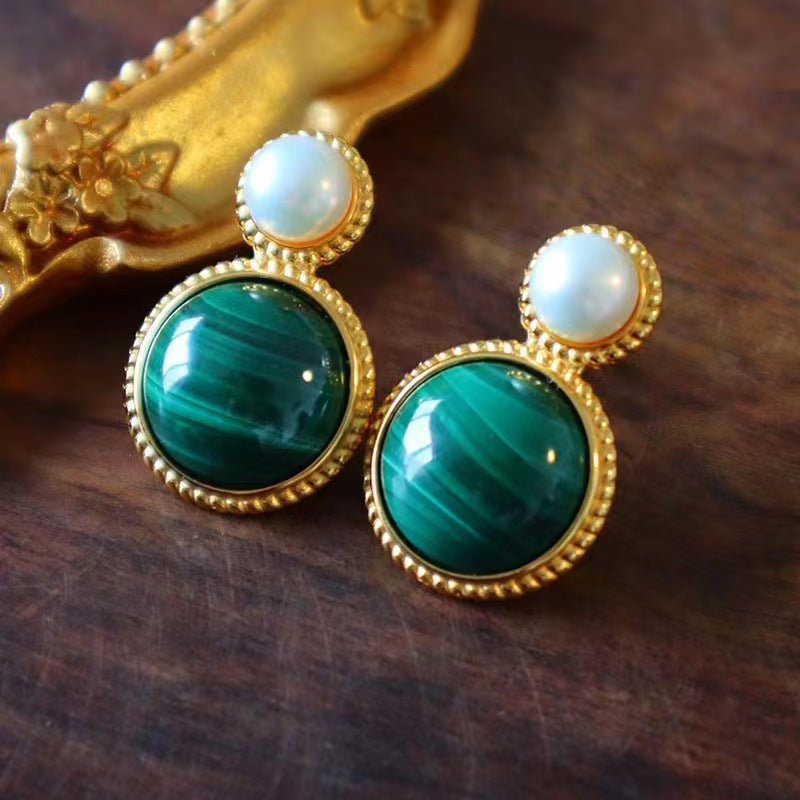Green Malachite Pearl Stud Earrings